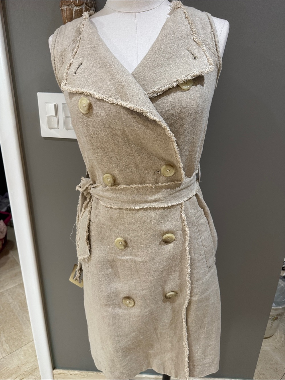 MICHAEL Michael Kors Beige Frayed-Trim Double-Breasted Linen Dress